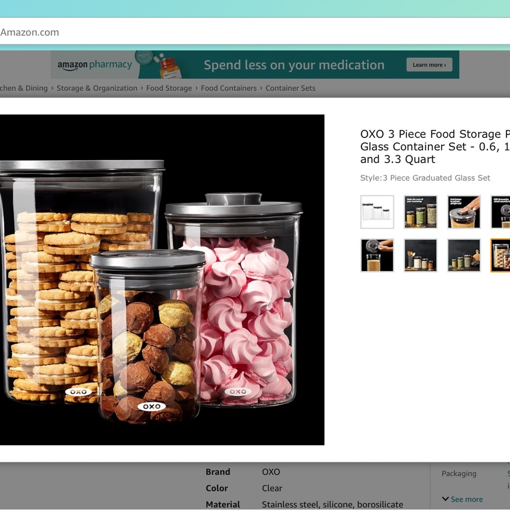 Oxo Good Grips 3 pieces glass canister set.  I no longer need.